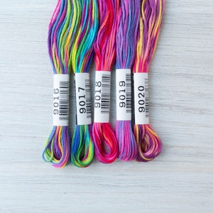 May include: Five skeins of colourful embroidery floss, each with a different vibrant colour combination. The floss is labelled with white paper bands, each displaying a unique number and barcode. The colours include shades of pink, purple, yellow, blue, and green.