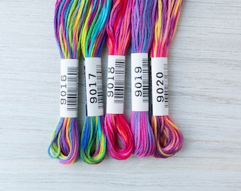May include: Five skeins of colorful embroidery floss, each with a different vibrant color combination. The floss is labeled with white paper bands, each displaying a unique number and barcode. The colors include shades of pink, purple, yellow, blue, and green.