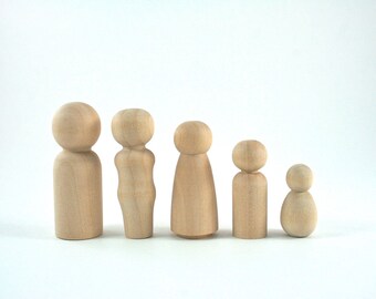 Peg Dolls Set | 5 unfinished wood Peg Doll Family Wooden Peg People - Waldorf Wooden Figurines