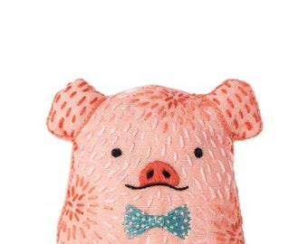 Modern Hand Embroidery Kit | Kiriki Press Embroidered Doll Kit to Make Your Own Animal Plushie - PIG