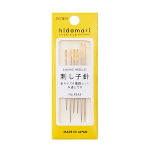 May include: A package of sashiko needles from Lecien. The yellow and white package features the brand name "hidamari" and the text "Sashiko Needles" in English and Japanese. The package includes a set of four needles and the text "Made in Japan".