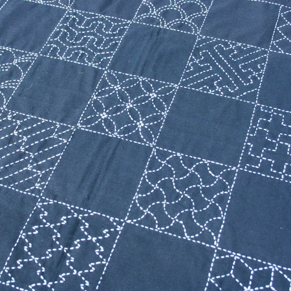 Sashiko Embroidery Kit Large Multi-pattern Sampler on Navy 20x20 