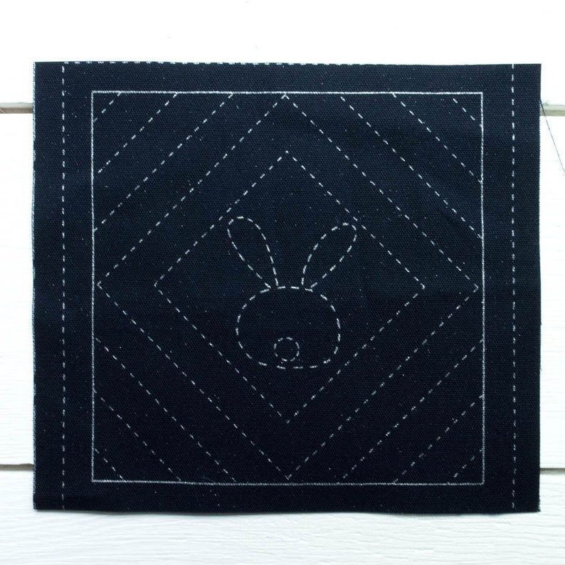 Sashiko Kit Sashiko Patterns Pre-Printed on Navy Cotton Fabric, Easy to Stitch Template 5 QUILT BLOCKS image 3