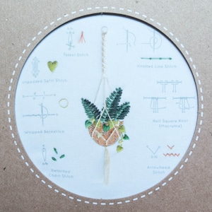 Modern Embroidery Stitch Sampler | Kiriki Press Embroidery Kit with Pre-Printed Embroidery Sampler Pattern & Embroidery Floss-HANGING PLANT