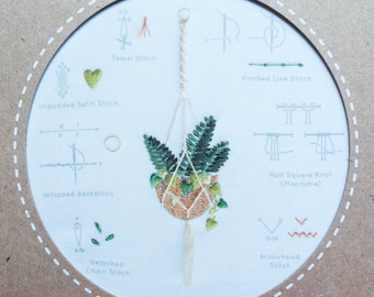 Modern Embroidery Stitch Sampler | Kiriki Press Embroidery Kit with Pre-Printed Embroidery Sampler Pattern & Embroidery Floss-HANGING PLANT