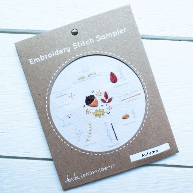 Modern Embroidery Stitch Sampler Kiriki Press Embroidery Kit with Pre-Printed Embroidery Sampler Pattern & Embroidery Floss AUTUMN image 2