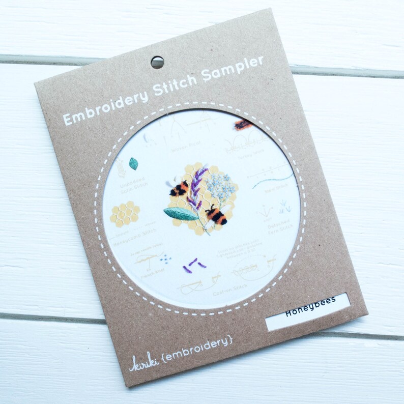 Modern Embroidery Stitch Sampler HONEYBEES Kiriki Press Embroidery Kit with Pre-Printed Embroidery Sampler Pattern /& Embroidery Floss