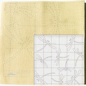 Sashiko Embroidery Kit | Japanese Hand Embroidery Pattern on Pre-Printed Sashiko Fabric - Sashiko Pattern Dragonfly on Mustard (No 41)