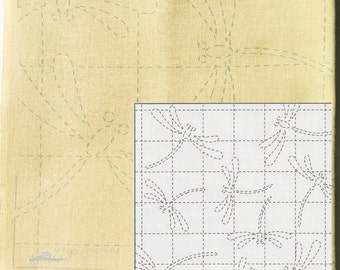 Sashiko Embroidery Kit | Japanese Hand Embroidery Pattern on Pre-Printed Sashiko Fabric - Sashiko Pattern Dragonfly on Mustard (No 41)