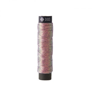 May include: A spool of iridescent thread, primarily pink with hints of green and gold, is displayed against a white background. The thread is tightly wound around a dark gray base. The top of the spool has a black label with the number "103".