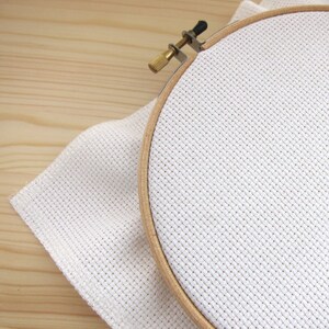 May include: A wooden embroidery hoop holding white cross-stitch fabric, with a separate piece of the same fabric beside it. The hoop has a brass screw. The background is a light wood surface.