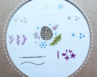 Modern Embroidery Stitch Sampler | Kiriki Press Embroidery Kit with Pre-Printed Embroidery Sampler Pattern & Embroidery Floss - WINTER