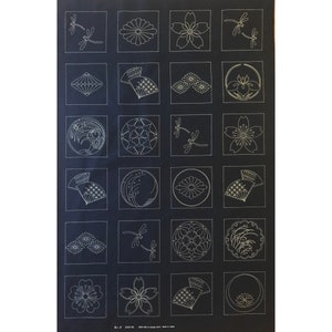 Large Sashiko Sampler | Large Scale Sashiko Embroidery Pattern Pre-Printed on Navy Cotton Fabric - JAPANESE CRESTS