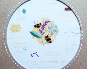 Modern Embroidery Stitch Sampler | Kiriki Press Embroidery Kit with Pre-Printed Embroidery Sampler Pattern & Embroidery Floss - HONEYBEES