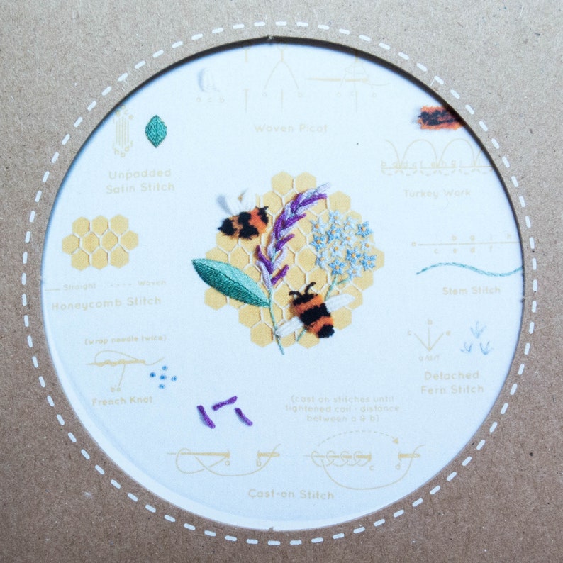 Modern Embroidery Stitch Sampler HONEYBEES Kiriki Press Embroidery Kit with Pre-Printed Embroidery Sampler Pattern /& Embroidery Floss