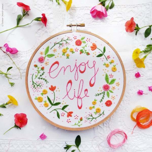 Modern Hand Embroidery Kit | 6 inch (15 cm) Floral Hoop Art Embroidery Pattern by Tamar Nahir - Yanai - ENJOY LIFE