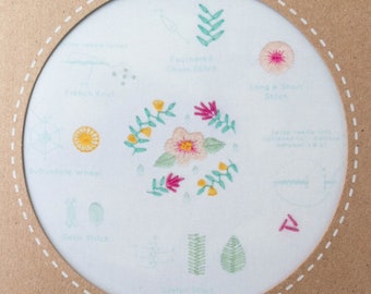 Modern Embroidery Stitch Sampler | Kiriki Press Embroidery Kit with Pre-Printed Embroidery Sampler Pattern & Embroidery Floss - SPRING