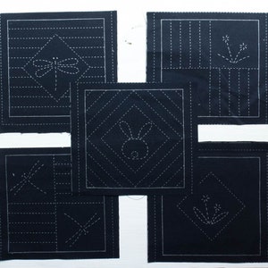 Sashiko Kit Sashiko Patterns Pre-Printed on Navy Cotton Fabric, Easy to Stitch Template 5 QUILT BLOCKS image 1