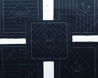 Sashiko Kit | Sashiko Patterns Pre-Printed on Navy Cotton Fabric, Easy to Stitch Template  - 5 QUILT BLOCKS