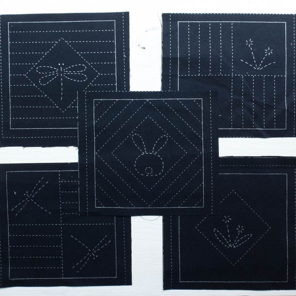 Sashiko Kit | Sashiko Patterns Pre-Printed on Navy Cotton Fabric, Easy to Stitch Template  - 5 QUILT BLOCKS