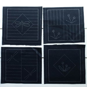Sashiko Kit Sashiko Patterns Pre-Printed on Navy Cotton Fabric, Easy to Stitch Template 5 QUILT BLOCKS image 2