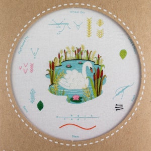 Modern Embroidery Stitch Sampler | Kiriki Press Embroidery Kit with Pre-Printed Embroidery Sampler Pattern & Embroidery Floss - SWAN