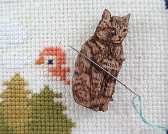 Needle Minder - Cat | Wooden Laser Engraved Needle Minder for Cross Stitch, Embroidery, Quilting,