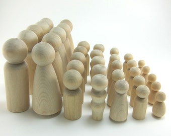 35 Wood Peg Dolls - DIY Figures - Waldorf Wooden Figurine - 5 Family Set of 7