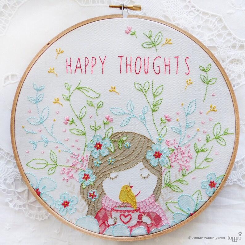 Modern Hand Embroidery Kit 8 inch 20 cm Hoop Art Embroidery Pattern by Tamar Nahir Yanai HAPPY THOUGHTS image 2
