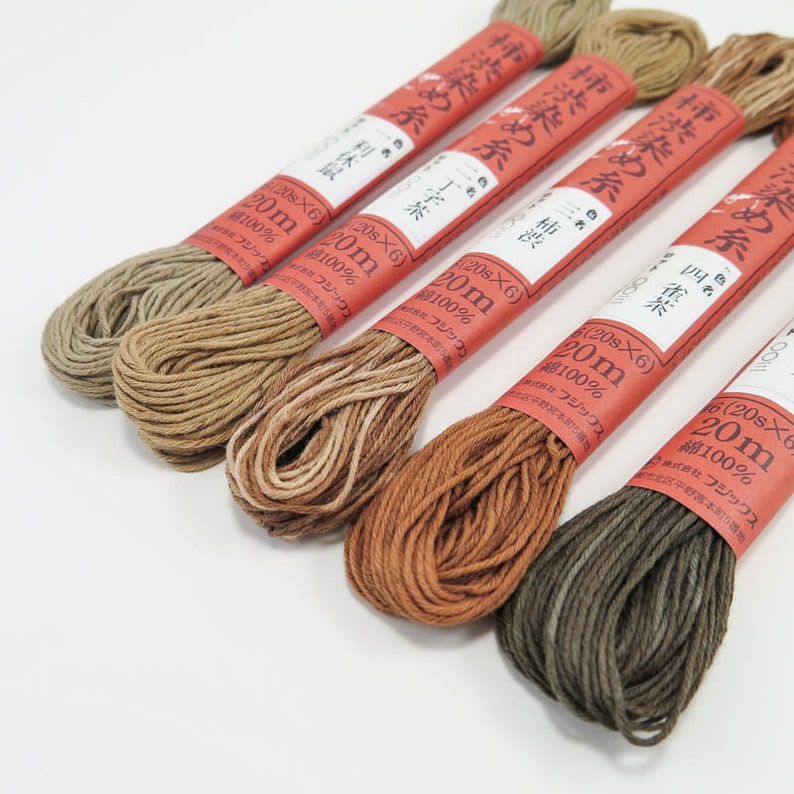 Hand Dyed Thread Set Japanese Persimmon Tannin Dyed Cotton Thread, Natural Dyed Floss, Fujix Thread, Brown thread for Sashiko, Embroidery image 1