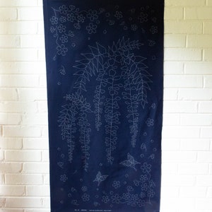 Floral Large Sashiko Sampler | Large Scale Sashiko Embroidery Pattern Pre-Printed on Navy Cotton Fabric - WISTERIA