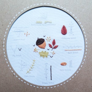 Modern Embroidery Stitch Sampler | Kiriki Press Embroidery Kit with Pre-Printed Embroidery Sampler Pattern & Embroidery Floss - AUTUMN