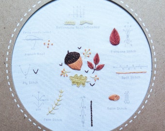 Modern Embroidery Stitch Sampler | Kiriki Press Embroidery Kit with Pre-Printed Embroidery Sampler Pattern & Embroidery Floss - AUTUMN