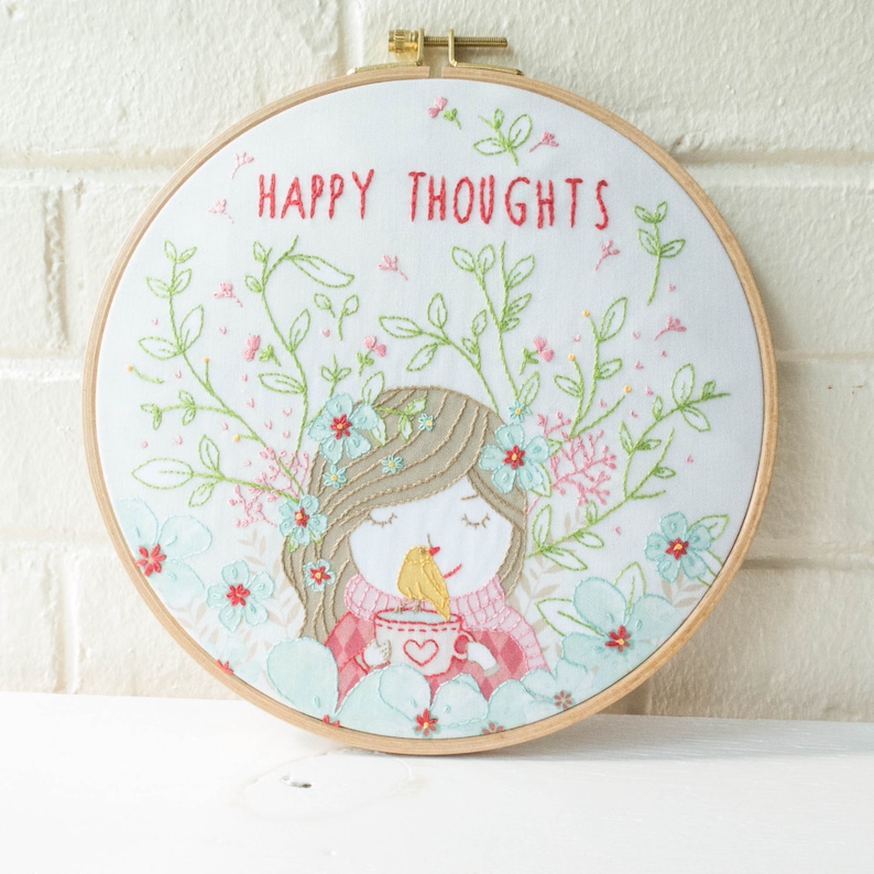 Modern Hand Embroidery Kit 8 inch 20 cm Hoop Art Embroidery Pattern by Tamar Nahir Yanai HAPPY THOUGHTS image 1