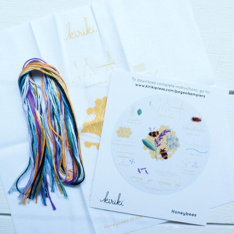 Modern Embroidery Stitch Sampler HONEYBEES Kiriki Press Embroidery Kit with Pre-Printed Embroidery Sampler Pattern /& Embroidery Floss