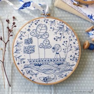 Modern Hand Embroidery Kit | 8 inch (20 cm) Hoop Art Embroidery Pattern by Tamar Nahir-Yanai - BLUE OCEAN