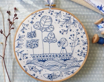 Modern Hand Embroidery Kit | 8 inch (20 cm) Hoop Art Embroidery Pattern by Tamar Nahir-Yanai - BLUE OCEAN