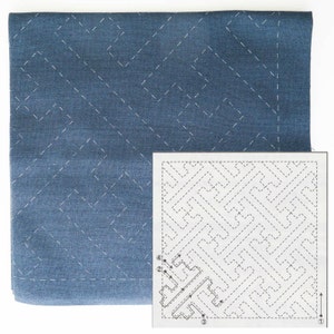 May include: A folded blue fabric napkin with a white stitched geometric pattern. A diagram with a similar pattern and numbered arrows is in the lower right corner. The napkin is square and appears to be made of linen.
