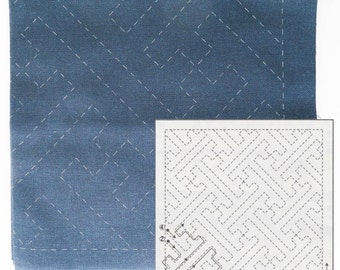 Beginner Embroidery Kit | Sashiko Fabric Pattern Sampler Kit | Sashiko SAYAGATA (#204) on Navy Fabric