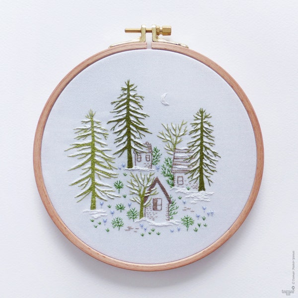 Modern Hand Embroidery Kit | 6 inch (15 cm) Nursery Decor Hoop Art Embroidery Pattern by Tamar Nahir - Yanai - SNOWY NIGHT