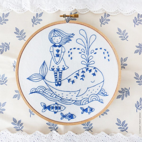 Modern Hand Embroidery Kit | 6 inch (15 cm) Hoop Art Embroidery Pattern by Tamar Nahir-Yanai - GIRL and a WHALE