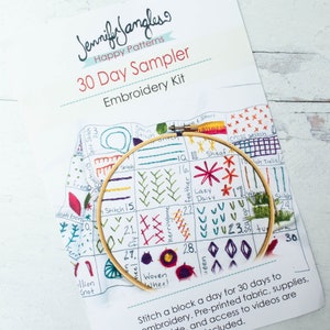 Learn Hand Embroidery Sampler | Jennifer Jangles 30-Day Sampler Beginner Embroidery Kit includes Embroidery Hoop, DMC Floss and Needle