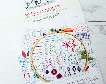 Learn Hand Embroidery Sampler | Jennifer Jangles 30-Day Sampler Beginner Embroidery Kit includes Embroidery Hoop, DMC Floss and Needle