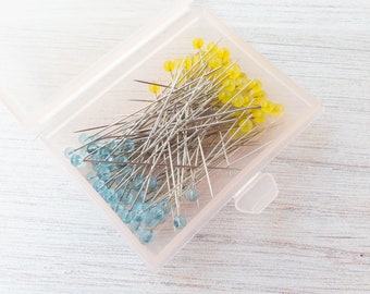 Glass Head Patchwork Pins | Clover Heat Resistant Sharp Patchwork Pins with Plastic Storage Box for Sewing, Quilting - BLUE and YELLOW Heads