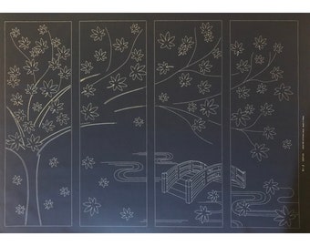 Large Sashiko Sampler | 4 Panel Large Scale Sashiko Embroidery Pattern Pre-Printed on Navy Cotton Fabric - MAPLE TREE