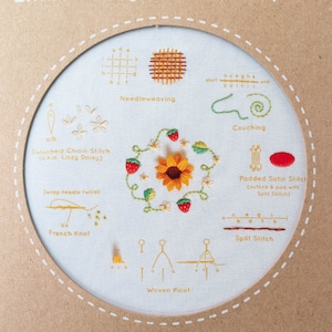 Modern Embroidery Stitch Sampler HONEYBEES Kiriki Press Embroidery Kit with Pre-Printed Embroidery Sampler Pattern /& Embroidery Floss
