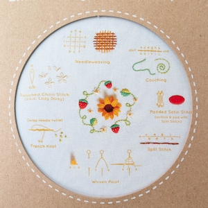 Modern Embroidery Stitch Sampler | Kiriki Press Embroidery Kit with Pre-Printed Embroidery Sampler Pattern & Embroidery Floss - SUMMER