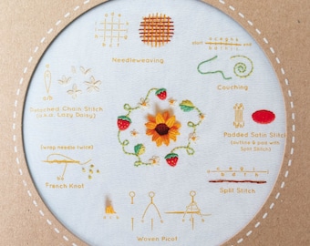 Modern Embroidery Stitch Sampler | Kiriki Press Embroidery Kit with Pre-Printed Embroidery Sampler Pattern & Embroidery Floss - SUMMER