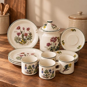 Puede incluir: Un juego de vajilla de cerámica con platos, tazas y una jarra con tapa de color crema, decorados con ilustraciones botánicas de flores e insectos. Las piezas tienen un borde verde e incluyen etiquetas como Anemone Pulsatilla.