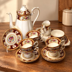 Juego de té Royal Albert Lady Hamilton – 6 tazas y platillos con forma femenina, tetera, jarra de crema y azucarero – Porcelana fina vintage - Decoración del hogar